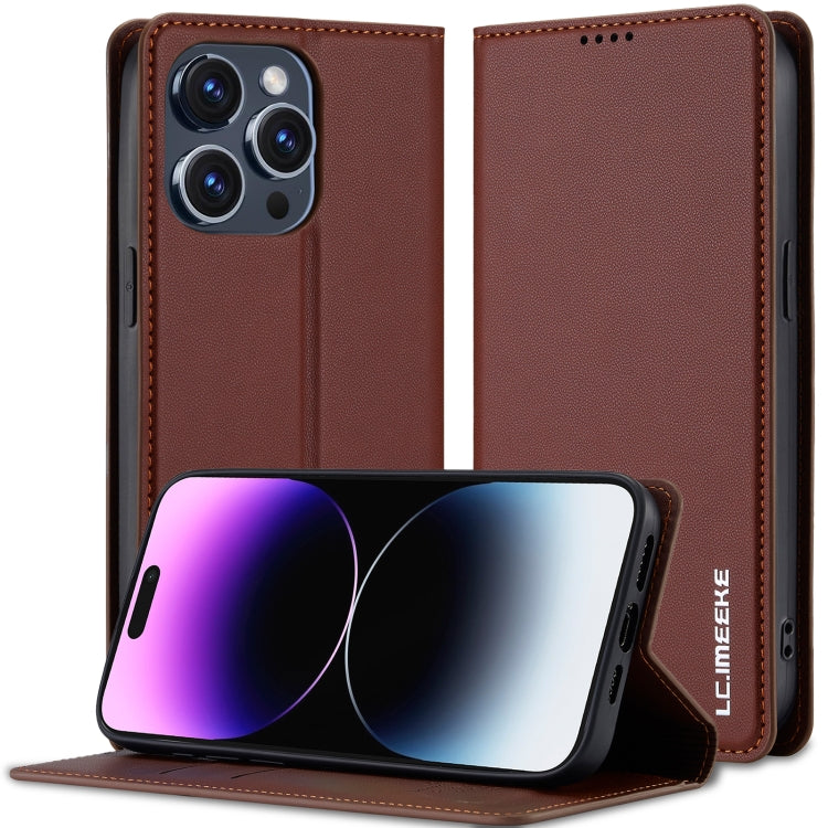 For iPhone 14 Pro LC.IMEEKE L1 Series Frosted Fine Texture PU Phone Case(Brown) - iPhone 14 Pro Cases by LC.IMEEKE | Online Shopping UK | buy2fix