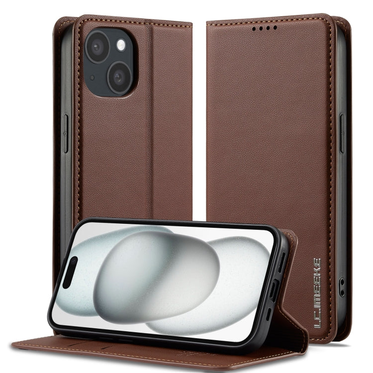 For iPhone 15 LC.IMEEKE L1 Series Frosted Fine Texture PU Phone Case(Brown) - iPhone 15 Cases by LC.IMEEKE | Online Shopping UK | buy2fix