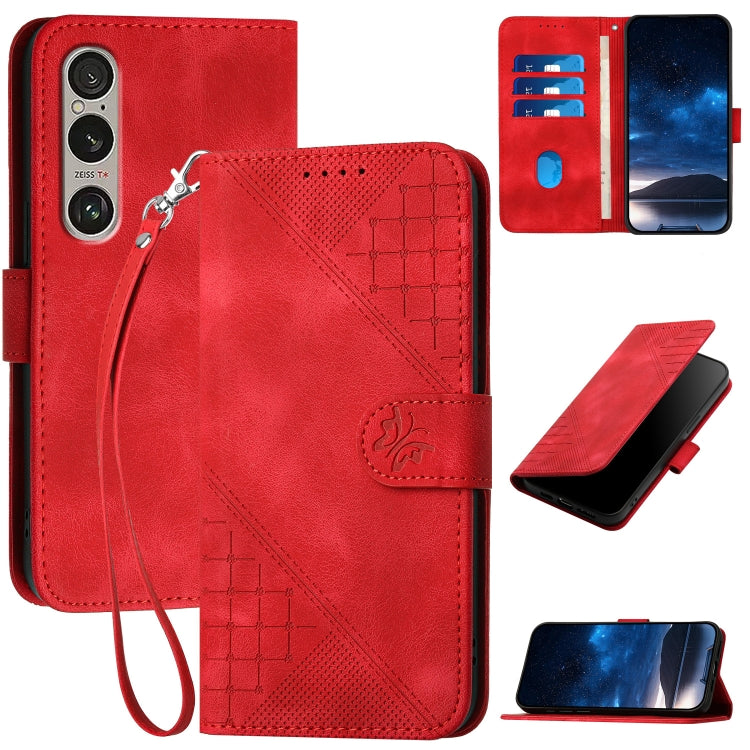 For Sony Xperia 1 VI 2024 YX0080 Grid Butterfly Embossed Pattern Flip Leather Phone Case with Lanyard(Red) - Sony Cases by buy2fix | Online Shopping UK | buy2fix