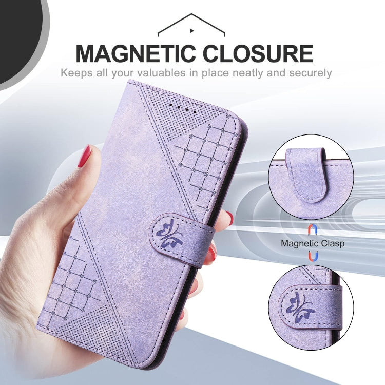 For iPhone 16 Plus YX0080 Grid Butterfly Embossed Pattern Flip Leather Phone Case with Lanyard(Light Purple) - iPhone 16 Plus Cases by buy2fix | Online Shopping UK | buy2fix