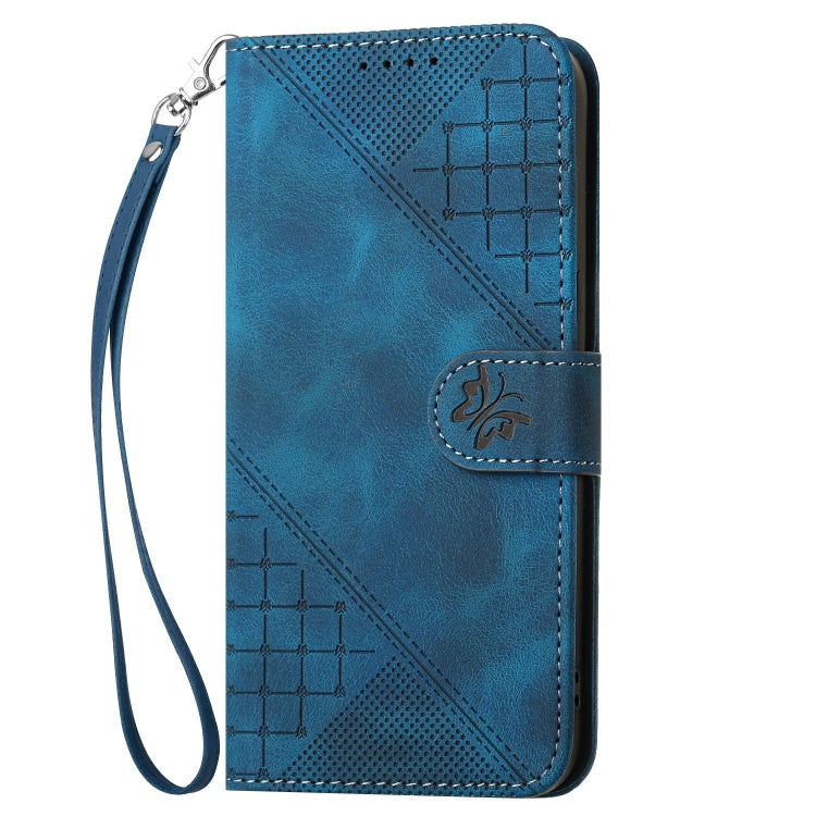 For iPhone 16e YX0080 Grid Butterfly Embossed Pattern Flip Leather Phone Case with Lanyard(Dark Blue) by buy2fix