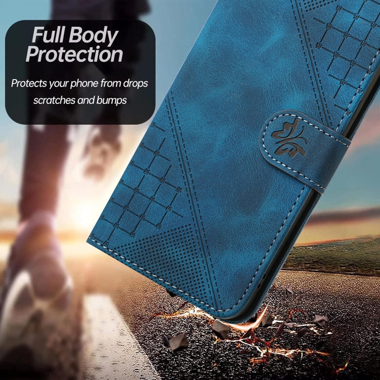 For iPhone 16e YX0080 Grid Butterfly Embossed Pattern Flip Leather Phone Case with Lanyard(Dark Blue) by buy2fix