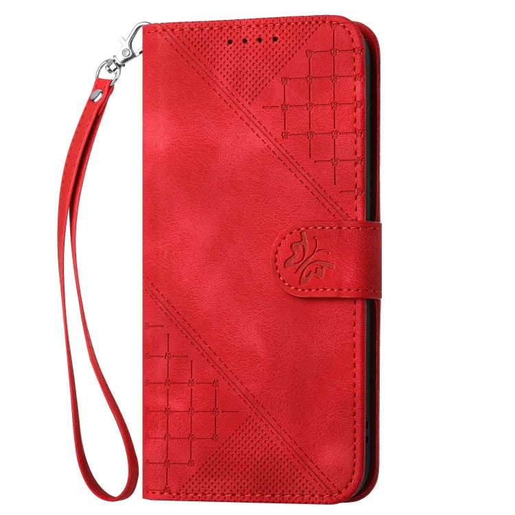 For iPhone 16e YX0080 Grid Butterfly Embossed Pattern Flip Leather Phone Case with Lanyard(Red) by buy2fix