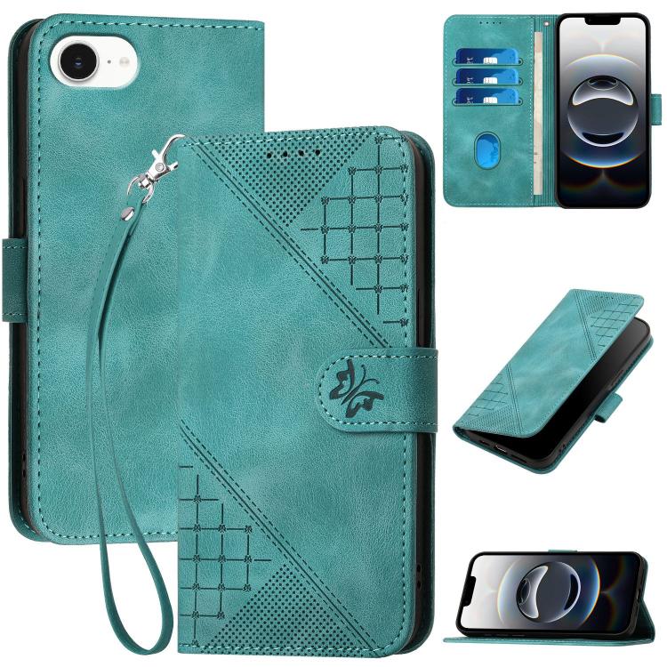 For iPhone 16e YX0080 Grid Butterfly Embossed Pattern Flip Leather Phone Case with Lanyard(Light Blue) by buy2fix