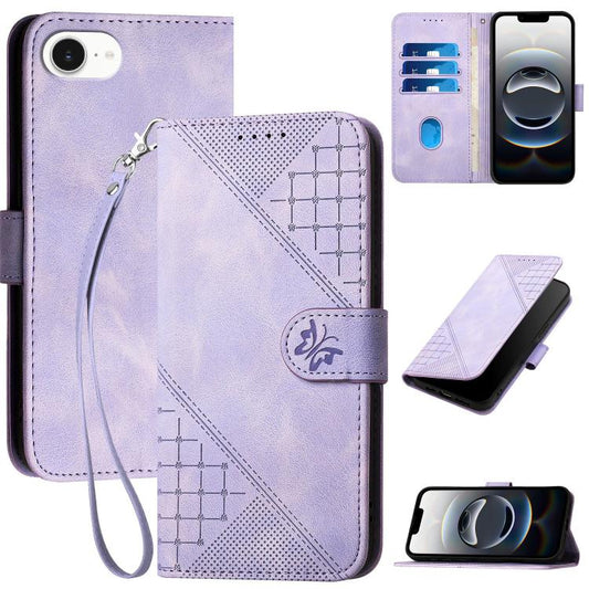 For iPhone 16e YX0080 Grid Butterfly Embossed Pattern Flip Leather Phone Case with Lanyard(Light Purple) by buy2fix