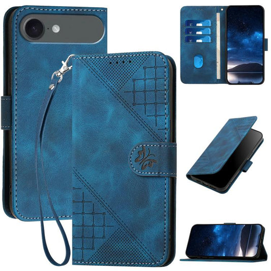 For iPhone 17 Air YX0080 Grid Butterfly Embossed Pattern Flip Leather Phone Case with Lanyard(Dark Blue) - iPhone 17 Air Cases by buy2fix | Online Shopping UK | buy2fix
