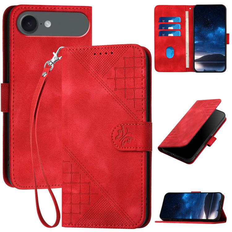 For iPhone 17 Air YX0080 Grid Butterfly Embossed Pattern Flip Leather Phone Case with Lanyard(Red) - iPhone 17 Air Cases by buy2fix | Online Shopping UK | buy2fix