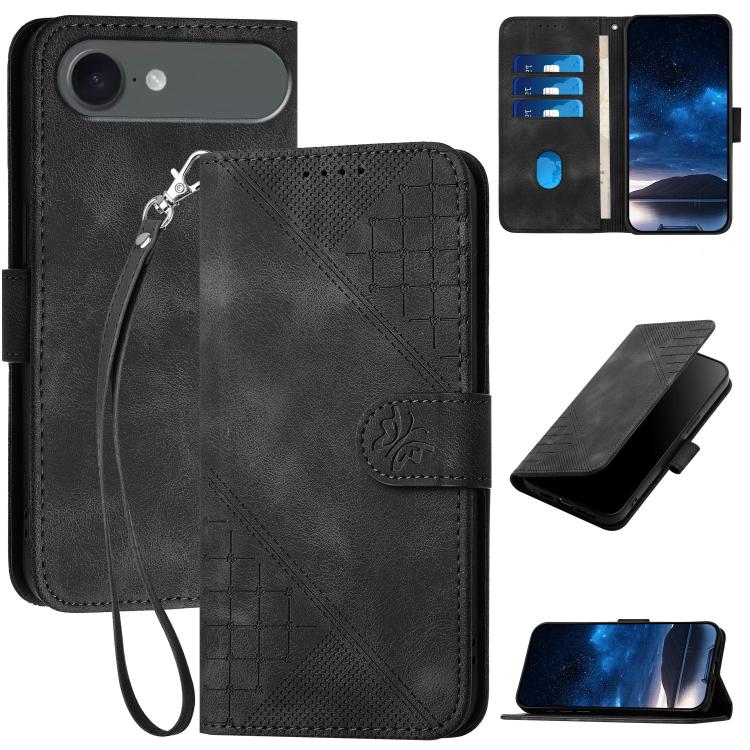 For iPhone Air YX0080 Grid Butterfly Embossed Pattern Flip Leather Phone Case with Lanyard(Black) - iPhone Air Cases by buy2fix | Online Shopping UK | buy2fix