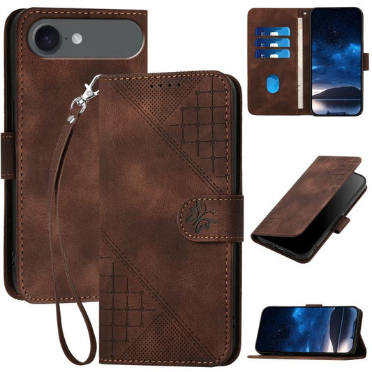 For iPhone 17 Air YX0080 Grid Butterfly Embossed Pattern Flip Leather Phone Case with Lanyard(Coffee) - iPhone 17 Air Cases by buy2fix | Online Shopping UK | buy2fix