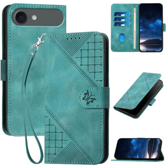 For iPhone Air YX0080 Grid Butterfly Embossed Pattern Flip Leather Phone Case with Lanyard(Light Blue)