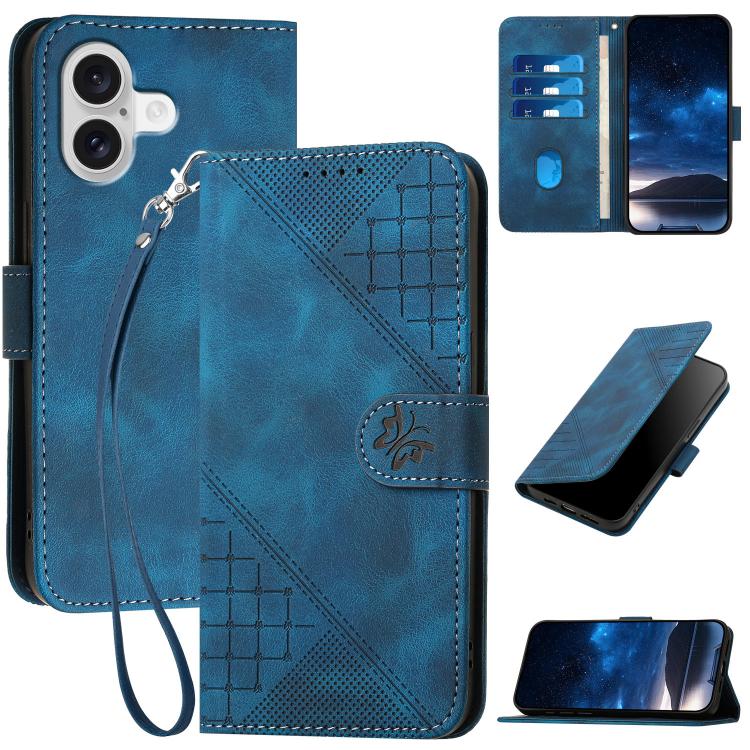 For iPhone 17 YX0080 Grid Butterfly Embossed Pattern Flip Leather Phone Case with Lanyard(Dark Blue) - iPhone 17 Cases by buy2fix | Online Shopping UK | buy2fix