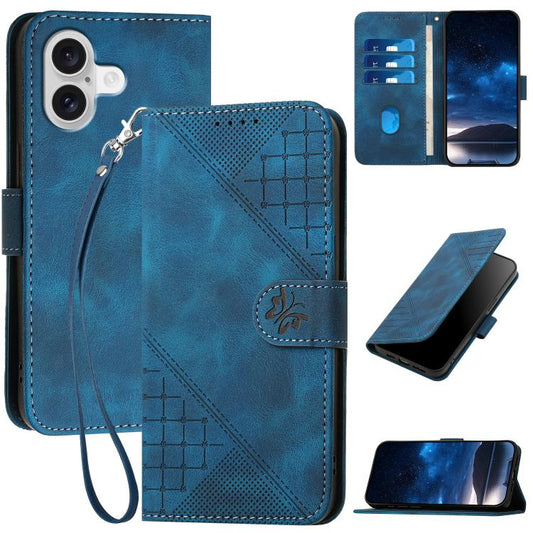 For iPhone 17 YX0080 Grid Butterfly Embossed Pattern Flip Leather Phone Case with Lanyard(Dark Blue) - iPhone 17 Cases by buy2fix | Online Shopping UK | buy2fix