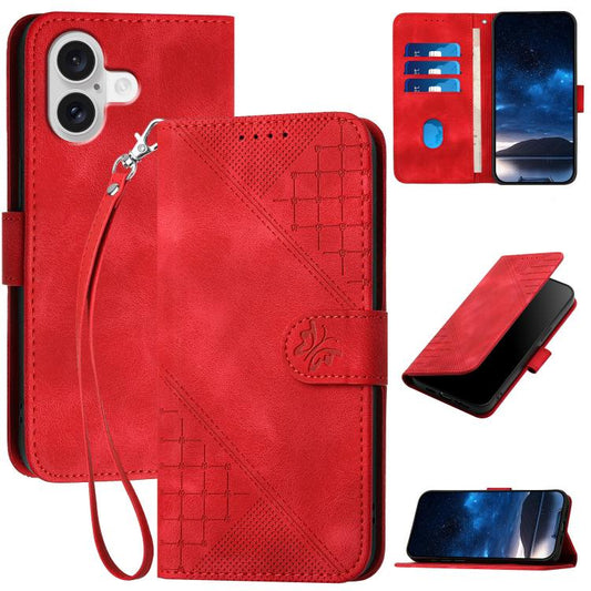 For iPhone 17 YX0080 Grid Butterfly Embossed Pattern Flip Leather Phone Case with Lanyard(Red) - iPhone 17 Cases by buy2fix | Online Shopping UK | buy2fix