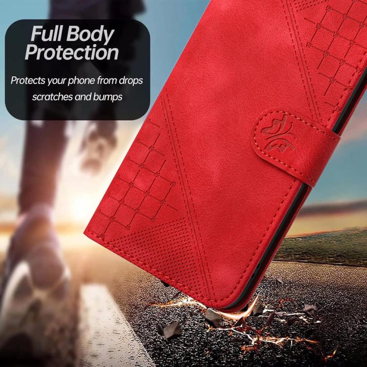 For iPhone 17 YX0080 Grid Butterfly Embossed Pattern Flip Leather Phone Case with Lanyard(Red) - iPhone 17 Cases by buy2fix | Online Shopping UK | buy2fix