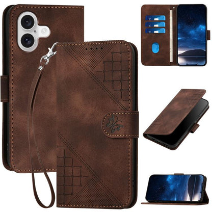 For iPhone 17 YX0080 Grid Butterfly Embossed Pattern Flip Leather Phone Case with Lanyard(Coffee) - iPhone 17 Cases by buy2fix | Online Shopping UK | buy2fix