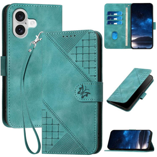 For iPhone 17 YX0080 Grid Butterfly Embossed Pattern Flip Leather Phone Case with Lanyard(Light Blue) - iPhone 17 Cases by buy2fix | Online Shopping UK | buy2fix
