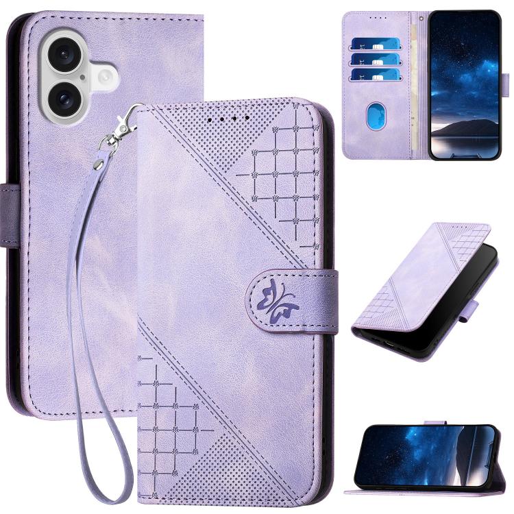 For iPhone 17 YX0080 Grid Butterfly Embossed Pattern Flip Leather Phone Case with Lanyard(Light Purple) - iPhone 17 Cases by buy2fix | Online Shopping UK | buy2fix