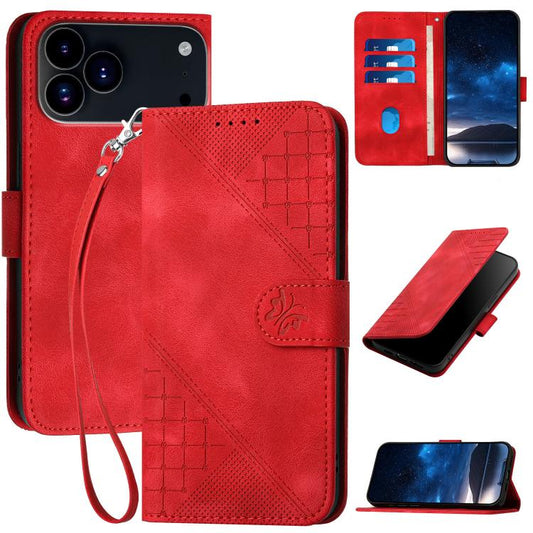 For iPhone 17 Pro Max YX0080 Grid Butterfly Embossed Pattern Flip Leather Phone Case with Lanyard(Red) - iPhone 17 Pro Max Cases by buy2fix | Online Shopping UK | buy2fix