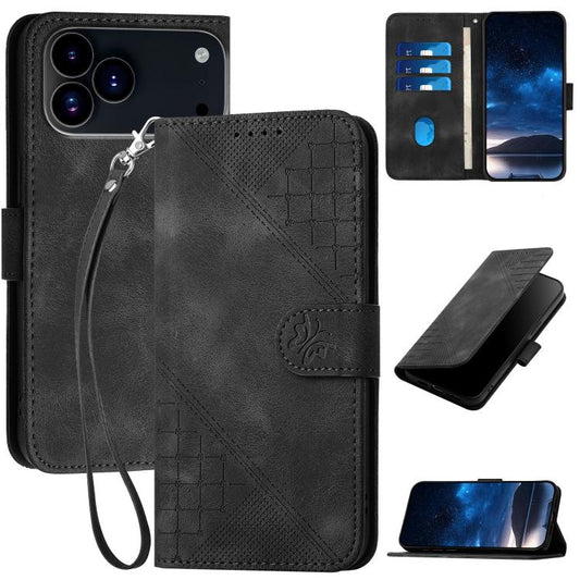 For iPhone 17 Pro Max YX0080 Grid Butterfly Embossed Pattern Flip Leather Phone Case with Lanyard(Black) - iPhone 17 Pro Max Cases by buy2fix | Online Shopping UK | buy2fix
