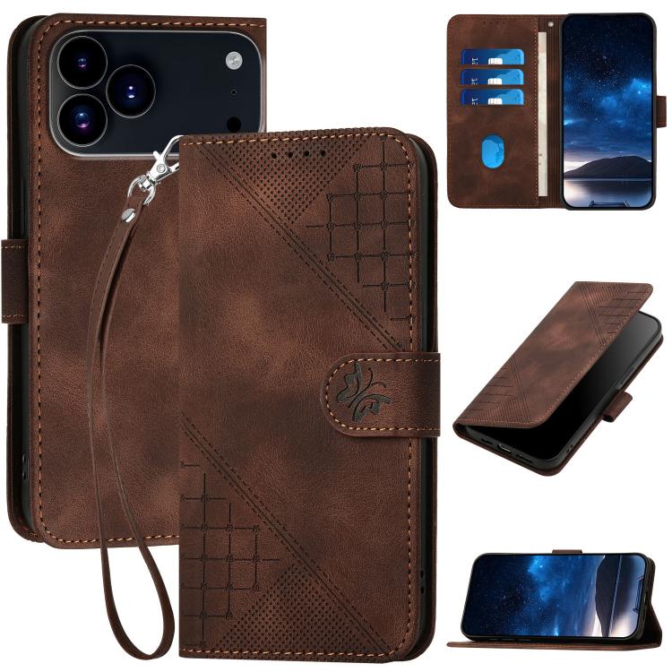 For iPhone 17 Pro Max YX0080 Grid Butterfly Embossed Pattern Flip Leather Phone Case with Lanyard(Coffee) - iPhone 17 Pro Max Cases by buy2fix | Online Shopping UK | buy2fix