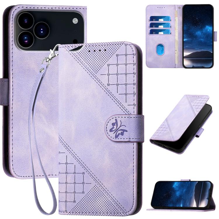 For iPhone 17 Pro Max YX0080 Grid Butterfly Embossed Pattern Flip Leather Phone Case with Lanyard(Light Purple) - iPhone 17 Pro Max Cases by buy2fix | Online Shopping UK | buy2fix
