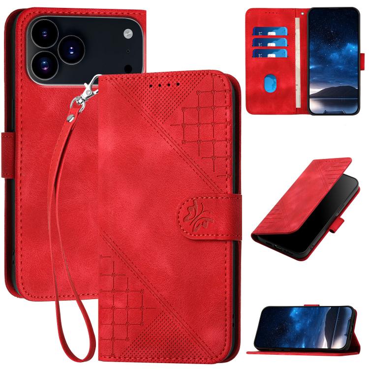 For iPhone 17 Pro YX0080 Grid Butterfly Embossed Pattern Flip Leather Phone Case with Lanyard(Red) - iPhone 17 Pro Cases by buy2fix | Online Shopping UK | buy2fix