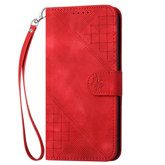 For iPhone 17 Pro YX0080 Grid Butterfly Embossed Pattern Flip Leather Phone Case with Lanyard(Red) - iPhone 17 Pro Cases by buy2fix | Online Shopping UK | buy2fix