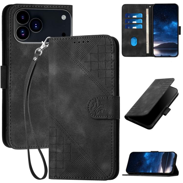 For iPhone 17 Pro YX0080 Grid Butterfly Embossed Pattern Flip Leather Phone Case with Lanyard(Black) - iPhone 17 Pro Cases by buy2fix | Online Shopping UK | buy2fix