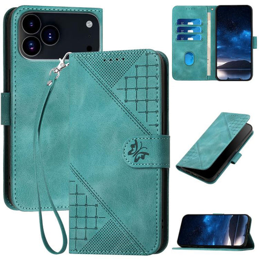 For iPhone 17 Pro YX0080 Grid Butterfly Embossed Pattern Flip Leather Phone Case with Lanyard(Light Blue) - iPhone 17 Pro Cases by buy2fix | Online Shopping UK | buy2fix