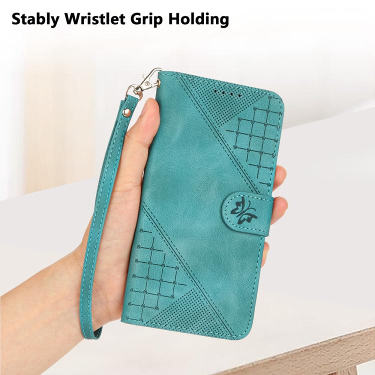 For iPhone 17 Pro YX0080 Grid Butterfly Embossed Pattern Flip Leather Phone Case with Lanyard(Light Blue) - iPhone 17 Pro Cases by buy2fix | Online Shopping UK | buy2fix