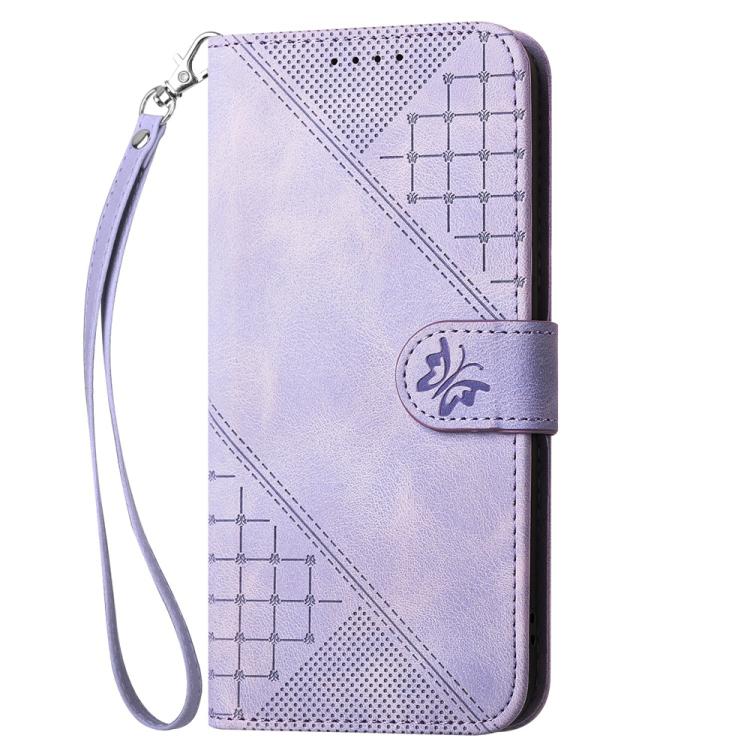 For iPhone 17 Pro YX0080 Grid Butterfly Embossed Pattern Flip Leather Phone Case with Lanyard(Light Purple) - iPhone 17 Pro Cases by buy2fix | Online Shopping UK | buy2fix