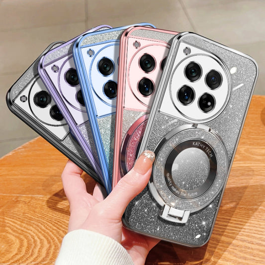 For OnePlus 12 Plated Gradient Glitter Round Holder TPU Phone Case(Pink) by buy2fix