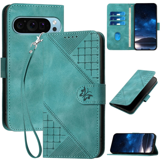 For Google Pixel 9 Pro XL YX0080 Grid Butterfly Embossed Pattern Flip Leather Phone Case with Lanyard(Light Blue) - Google Cases by buy2fix | Online Shopping UK | buy2fix