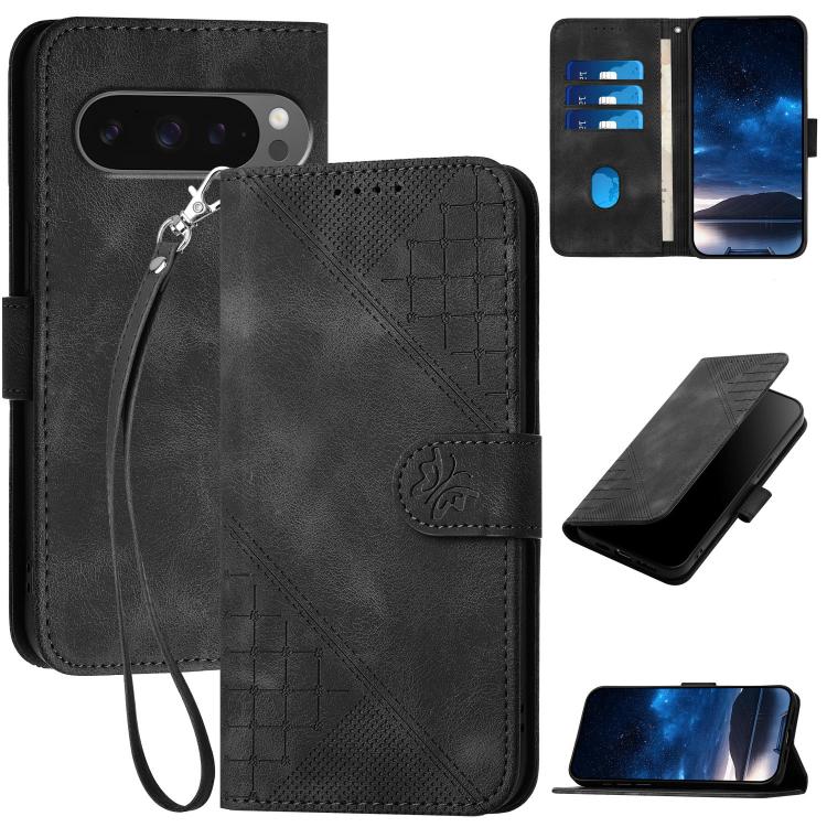 For Google Pixel 10 Pro XL Grid Butterfly Embossed Pattern Leather Phone Case with Lanyard(Black) - Google Cases by buy2fix | Online Shopping UK | buy2fix
