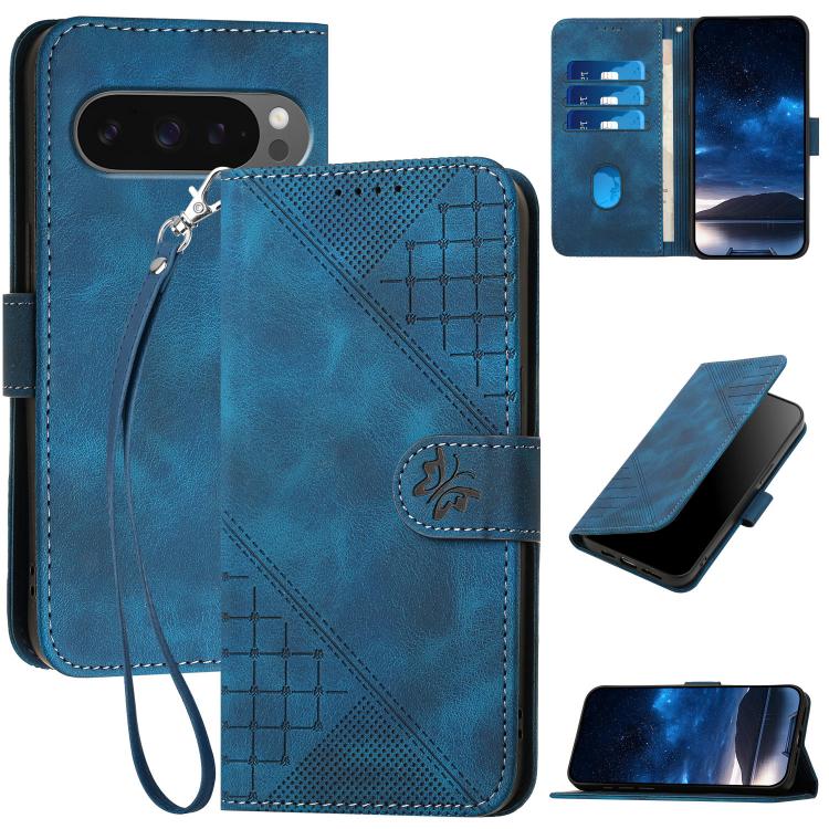 For Google Pixel 10 / Pixel 10 Pro Grid Butterfly Embossed Pattern Leather Phone Case with Lanyard(Dark Blue) - Google Cases by buy2fix | Online Shopping UK | buy2fix