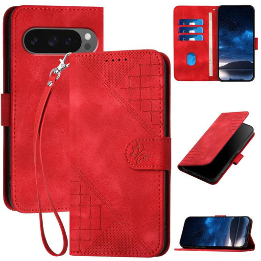 For Google Pixel 10 / Pixel 10 Pro Grid Butterfly Embossed Pattern Leather Phone Case with Lanyard(Red) - Google Cases by buy2fix | Online Shopping UK | buy2fix