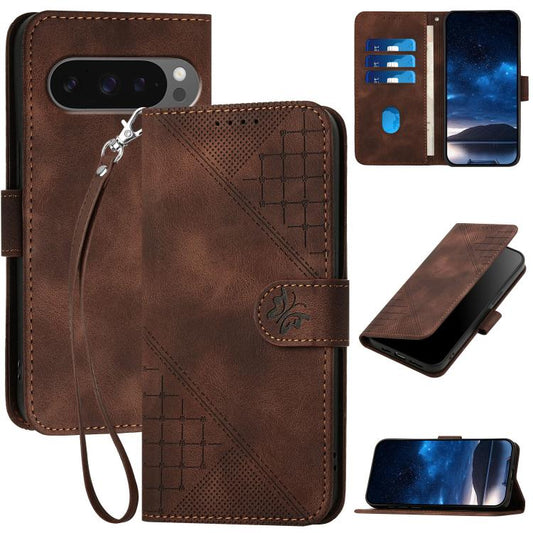 For Google Pixel 10 / Pixel 10 Pro Grid Butterfly Embossed Pattern Leather Phone Case with Lanyard(Coffee) - Google Cases by buy2fix | Online Shopping UK | buy2fix