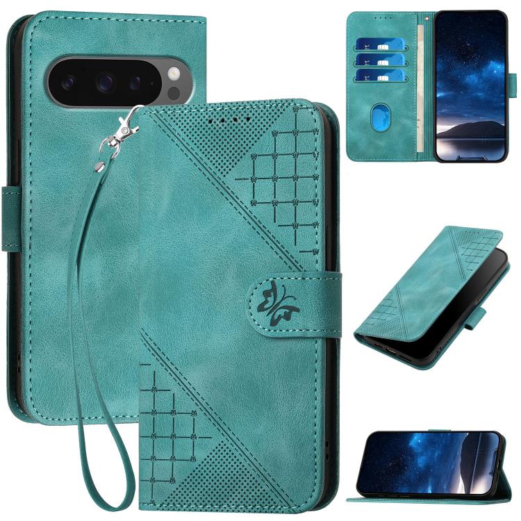 For Google Pixel 10 / Pixel 10 Pro Grid Butterfly Embossed Pattern Leather Phone Case with Lanyard(Light Blue) - Google Cases by buy2fix | Online Shopping UK | buy2fix
