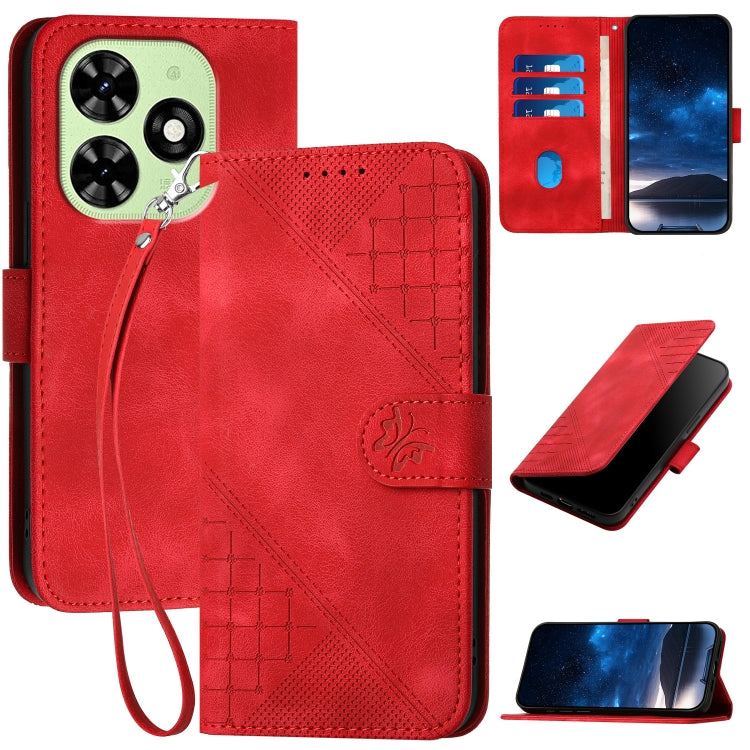 For Tecno Spark Go 2024 4G Grid Butterfly Embossed Pattern Leather Phone Case with Lanyard(Red) by buy2fix