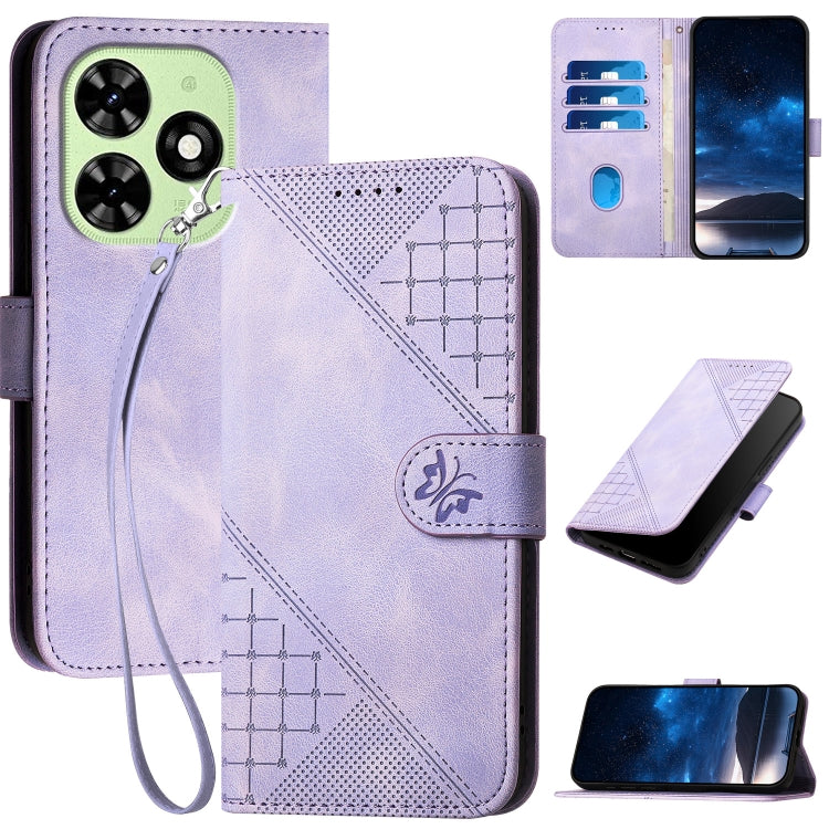For Tecno Spark Go 2024 4G Grid Butterfly Embossed Pattern Leather Phone Case with Lanyard(Light Purple) by buy2fix