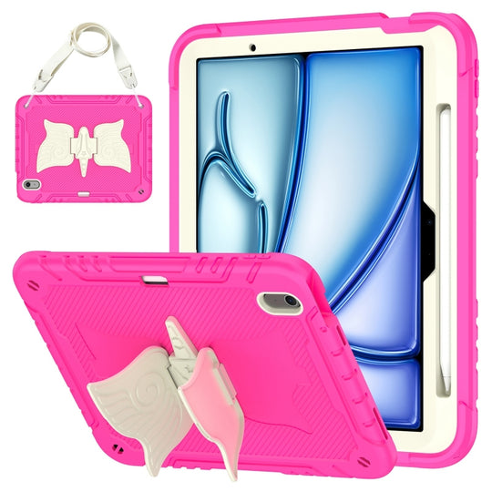 For iPad Air 11 2026 / 2025 / 2024 Kickstand PC Hybrid Silicone Tablet Case with Strap(Beige Rose Red)