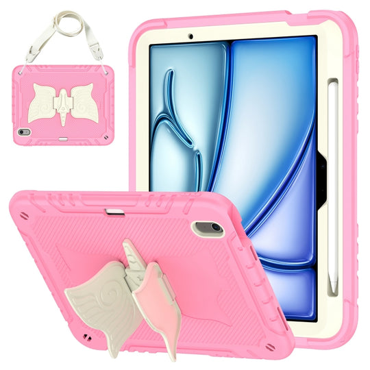 For iPad Air 11 2026 / 2025 / 2024 Kickstand PC Hybrid Silicone Tablet Case with Strap(Beige Pink)