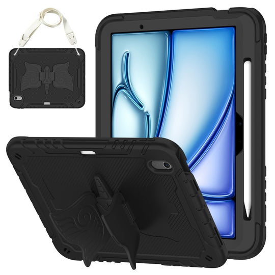 For iPad Air 11 2026 / 2025 / 2024 Kickstand PC Hybrid Silicone Tablet Case with Strap(Black)
