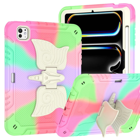 For iPad Pro 11 2025 / 2024 Kickstand PC Hybrid Silicone Tablet Case with Strap(Colorful Rose Red) by buy2fix