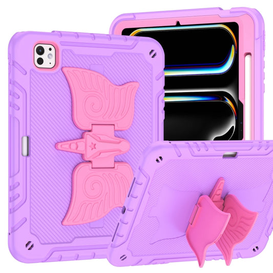 For iPad Pro 11 2025 / 2024 Kickstand PC Hybrid Silicone Tablet Case with Strap(Purple Rose Red) by buy2fix