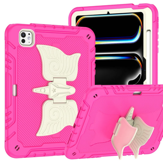 For iPad Pro 11 2025 / 2024 Kickstand PC Hybrid Silicone Tablet Case with Strap(Beige Rose Red) by buy2fix