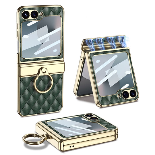 For Samsung Galaxy Z Flip6 / Flip7 FE GKK Rhombus Pattern Integrated Electroplated Leather Phone Case with Ring(Dark Green)