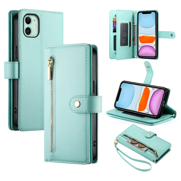 For iPhone 11 Nine Card-slot Zipper Wallet Bag Leather Phone Case(Mint Green) - iPhone 11 Cases by buy2fix | Online Shopping UK | buy2fix
