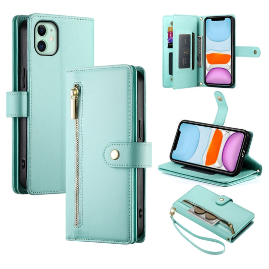 For iPhone 11 Nine Card-slot Zipper Wallet Bag Leather Phone Case(Mint Green) - iPhone 11 Cases by buy2fix | Online Shopping UK | buy2fix