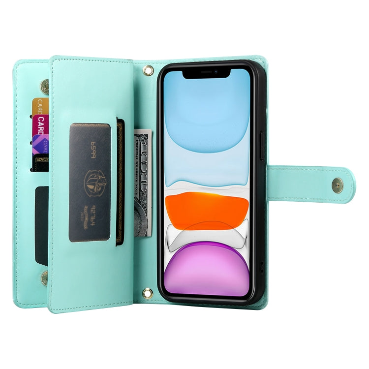 For iPhone 11 Nine Card-slot Zipper Wallet Bag Leather Phone Case(Mint Green) - iPhone 11 Cases by buy2fix | Online Shopping UK | buy2fix